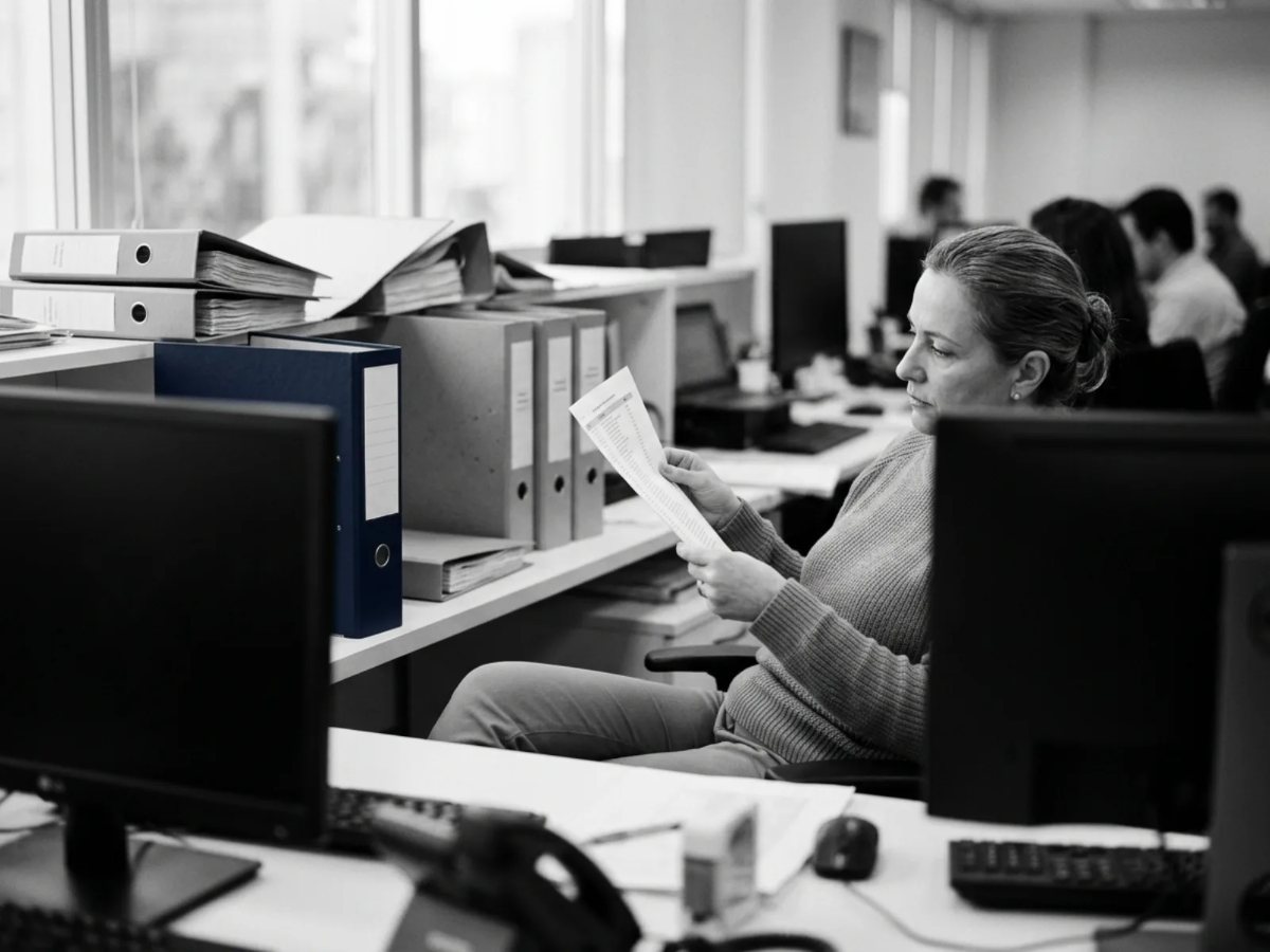 A compliance officer reading a printed list rather than a screen