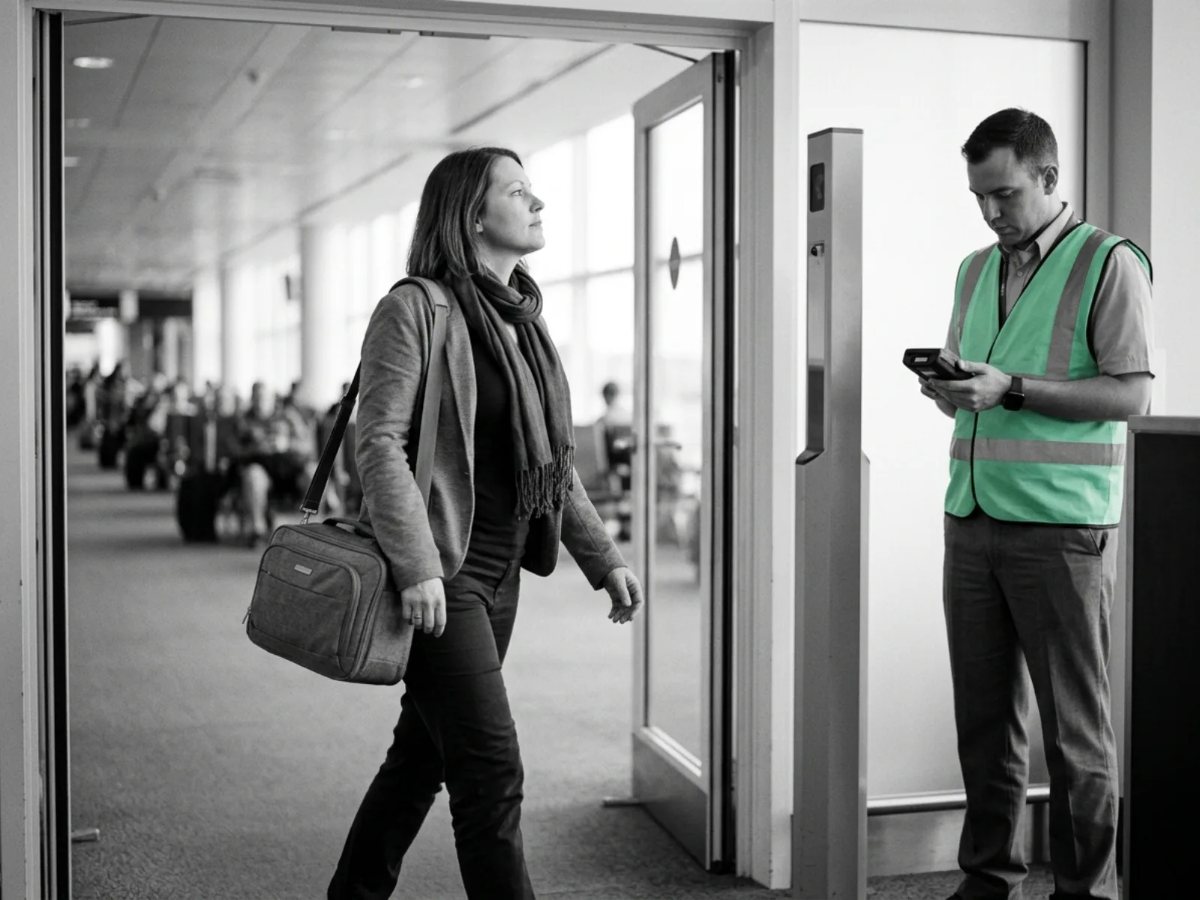 A woman walking through an open gate while a steward checks a handheld